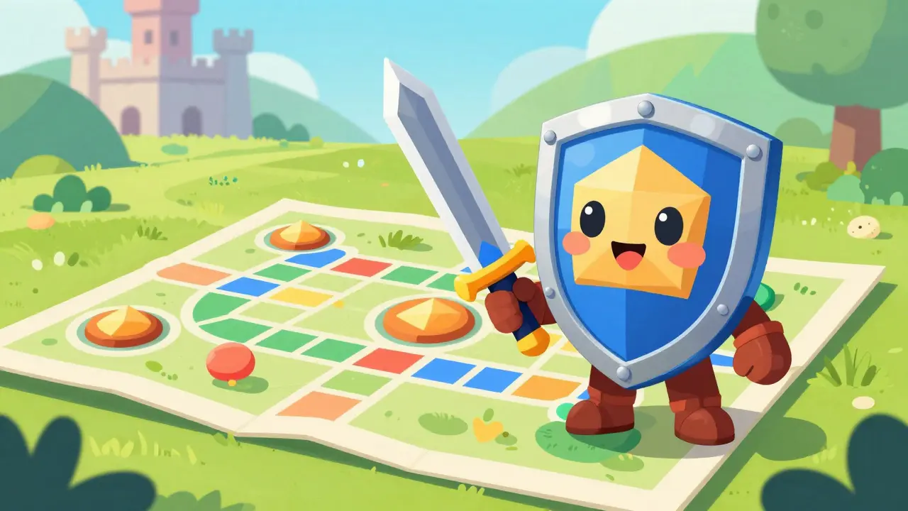 A friendly shield character holding a sword near a colorful game board map.