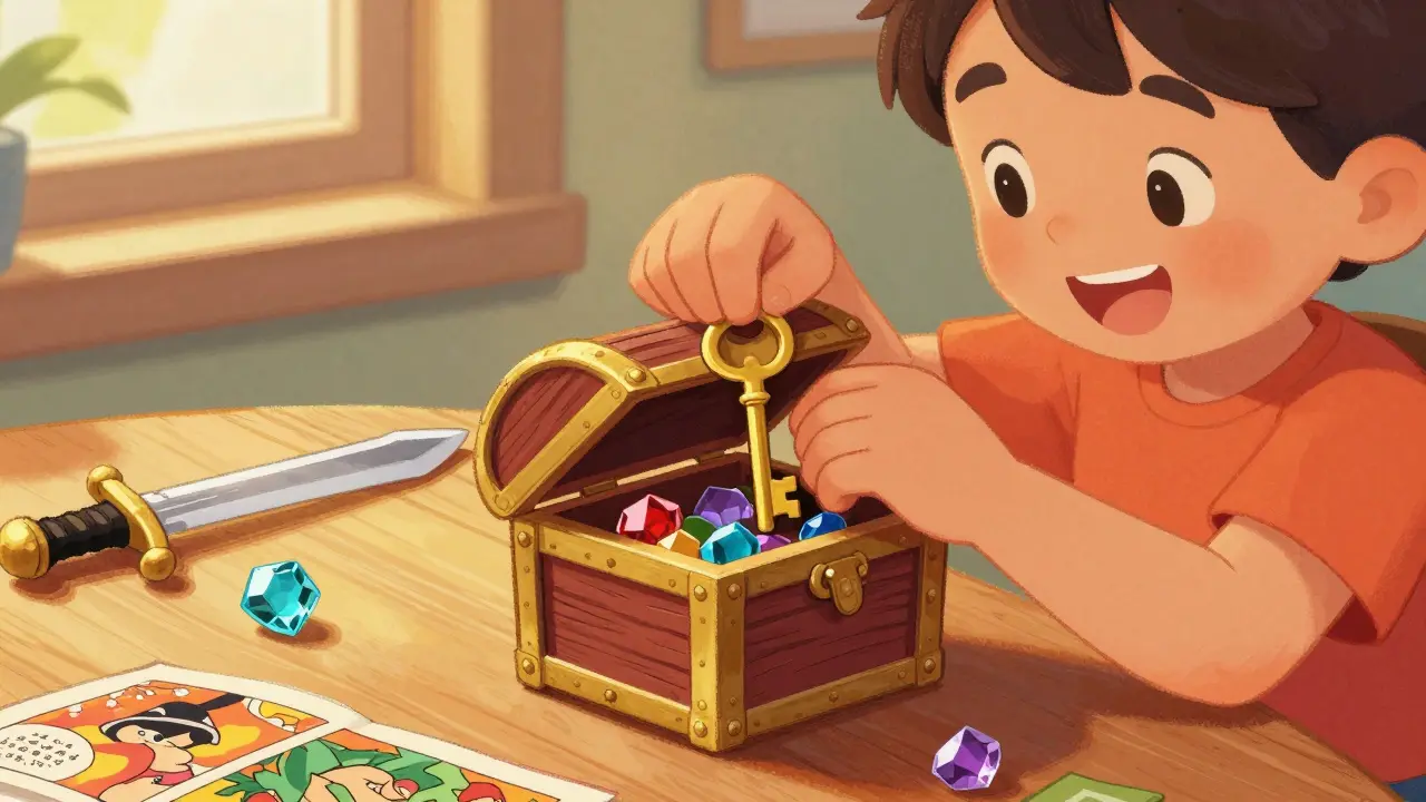 A happy child unlocking a small golden treasure chest on a wooden table.