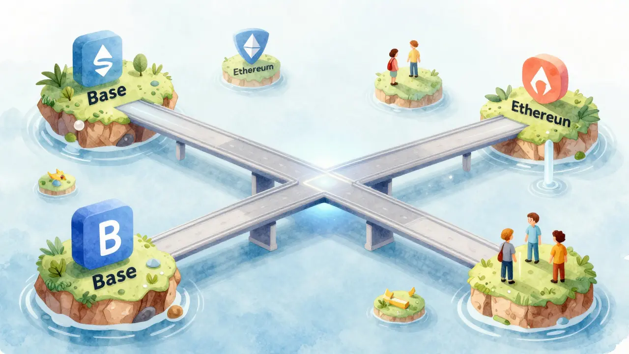 A secure bridge connecting blockchain islands, illustrating cross-chain interoperability.