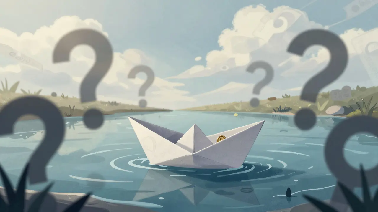A small boat on shallow water surrounded by question marks, symbolizing crypto market risks.