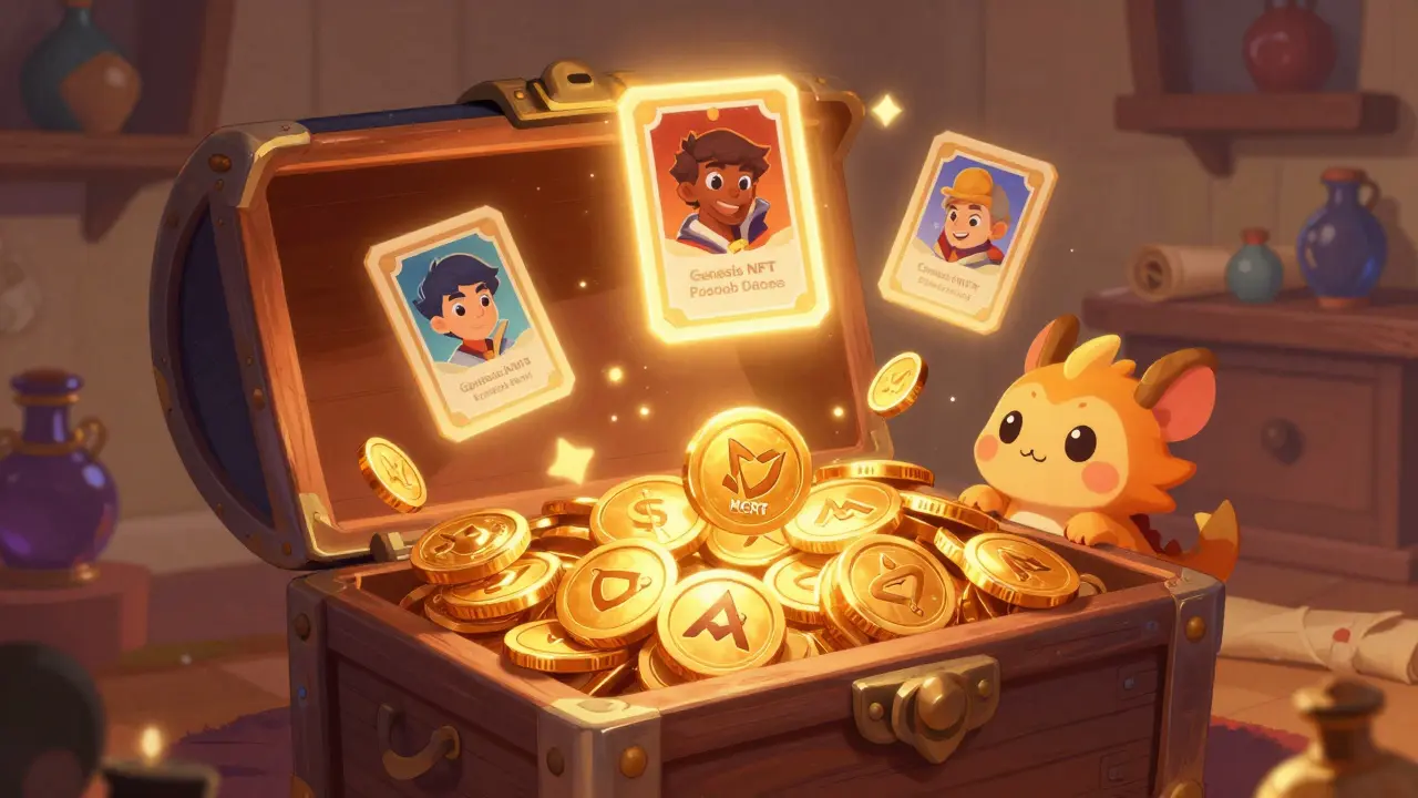 A treasure chest overflowing with glowing coins and rare character cards in a cozy room.