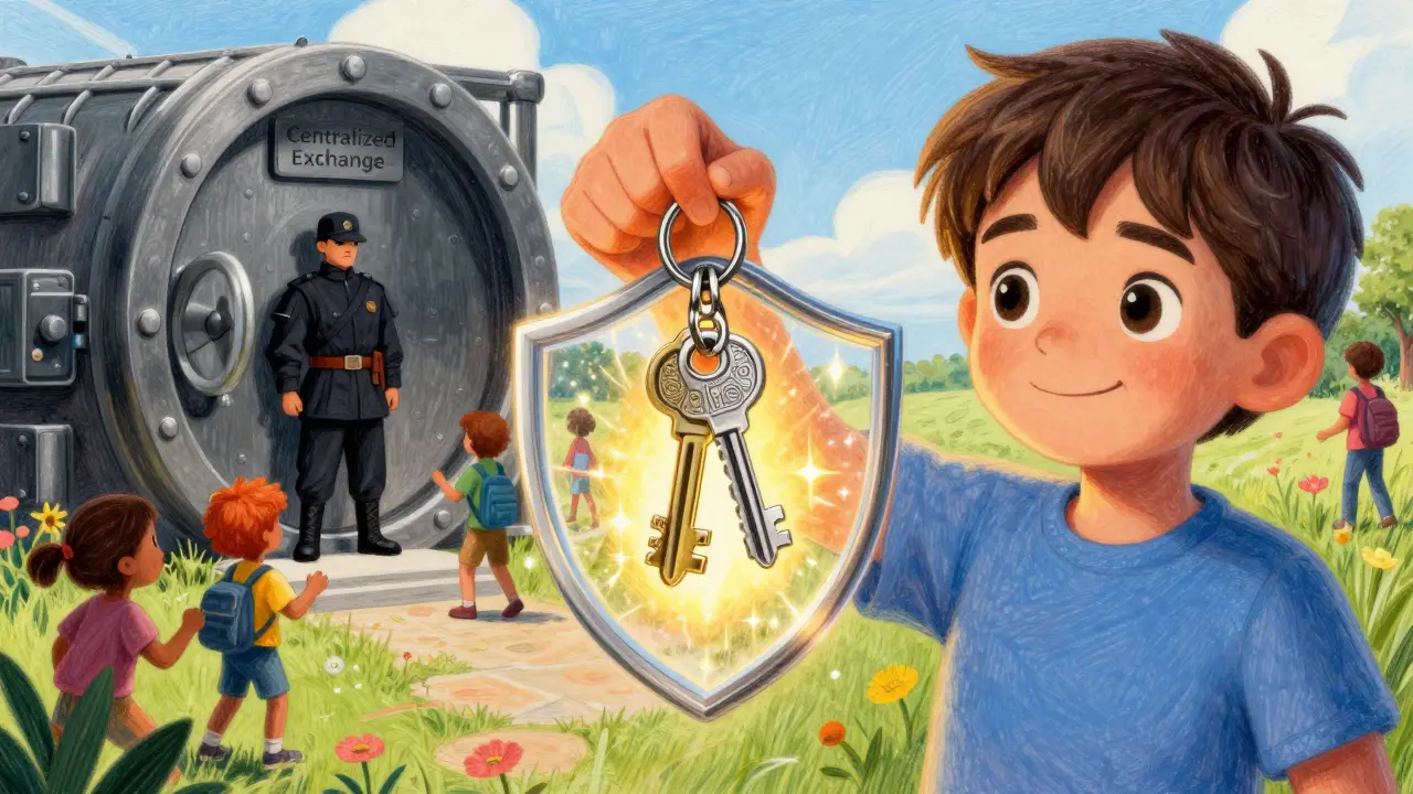 A user holding glowing digital keys with a protective shield, representing self-custody and security.