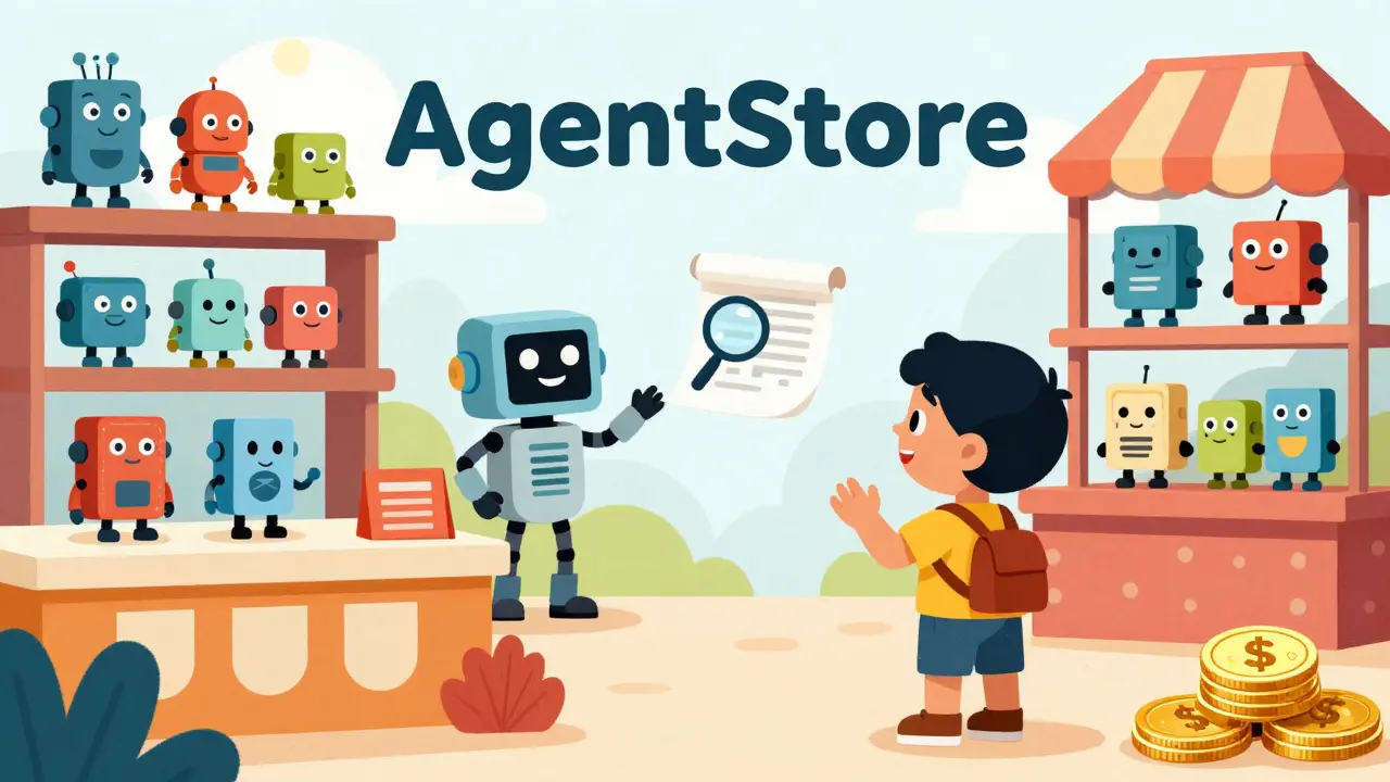 A vibrant marketplace where users browse autonomous AI agents and pay with tokens.