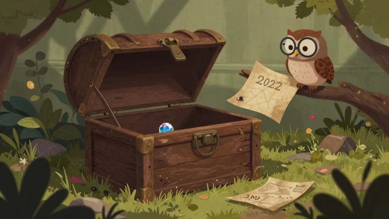 An open empty treasure chest in a garden, symbolizing the defunct project.