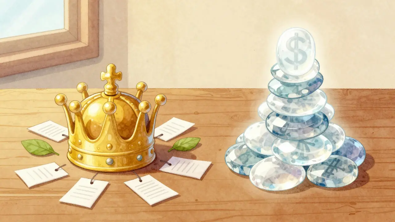 Book-style drawing of a governance crown and stable dollar stones.