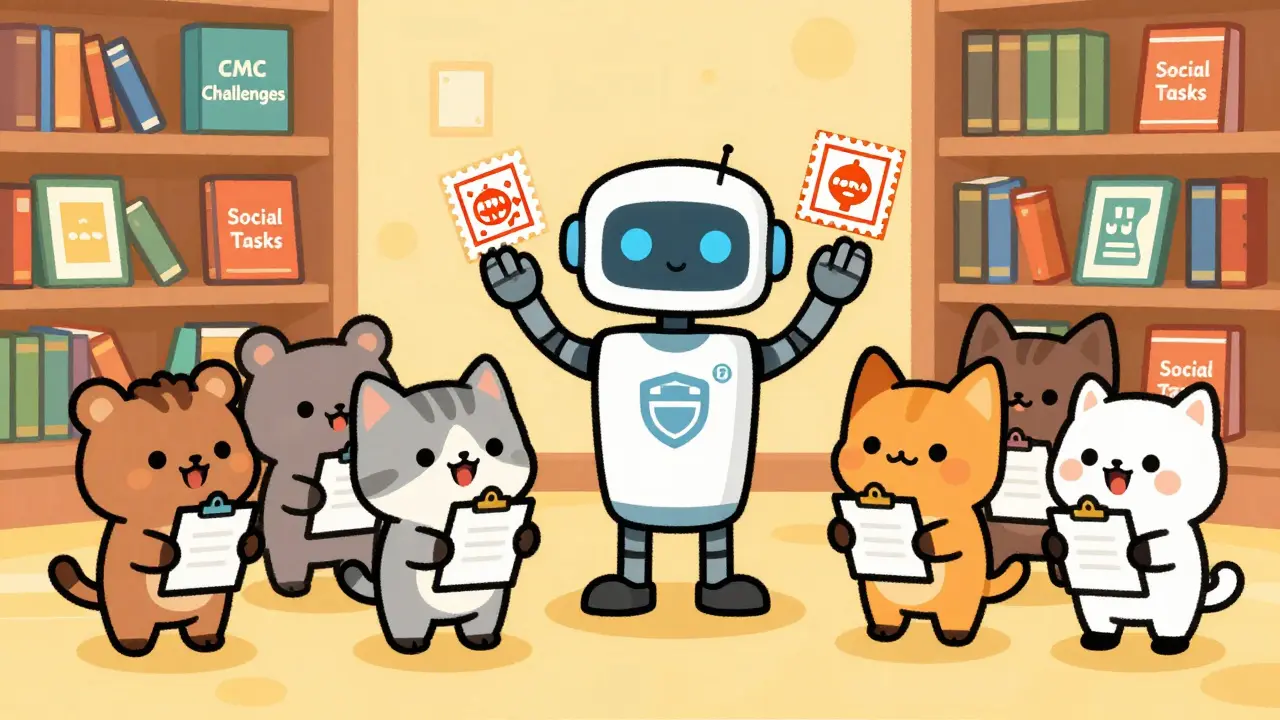 Cartoon animals collecting stamps from a robot librarian during a digital challenge event.