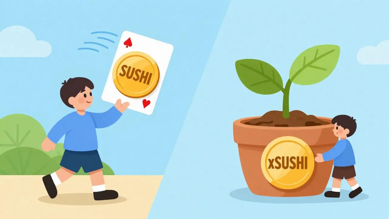 Cartoon comparison showing volatile SUSHI vs steady growing xSUSHI as a potted plant.