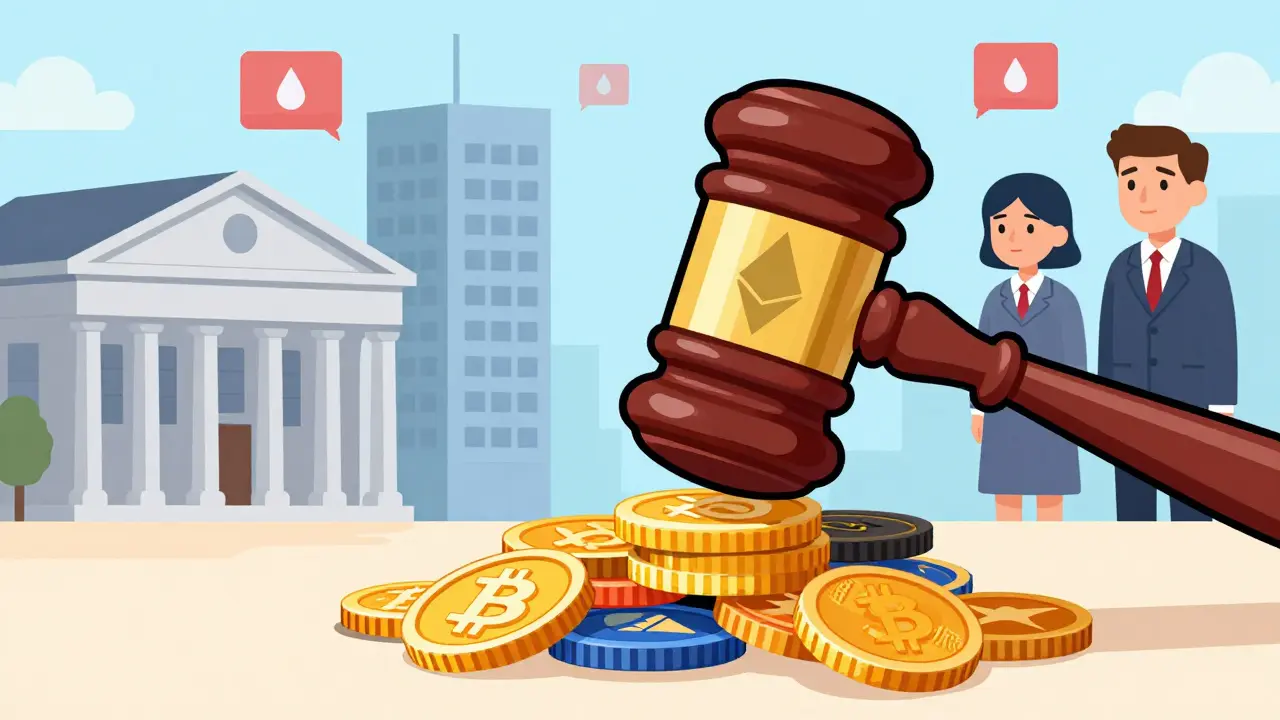 Cartoon gavel striking crypto coins with regulatory buildings in the background.