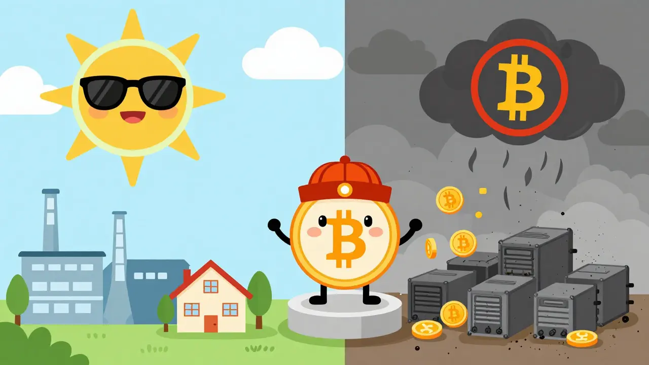 Cartoon showing China prioritizing digital yuan and clean energy over banned crypto mining.
