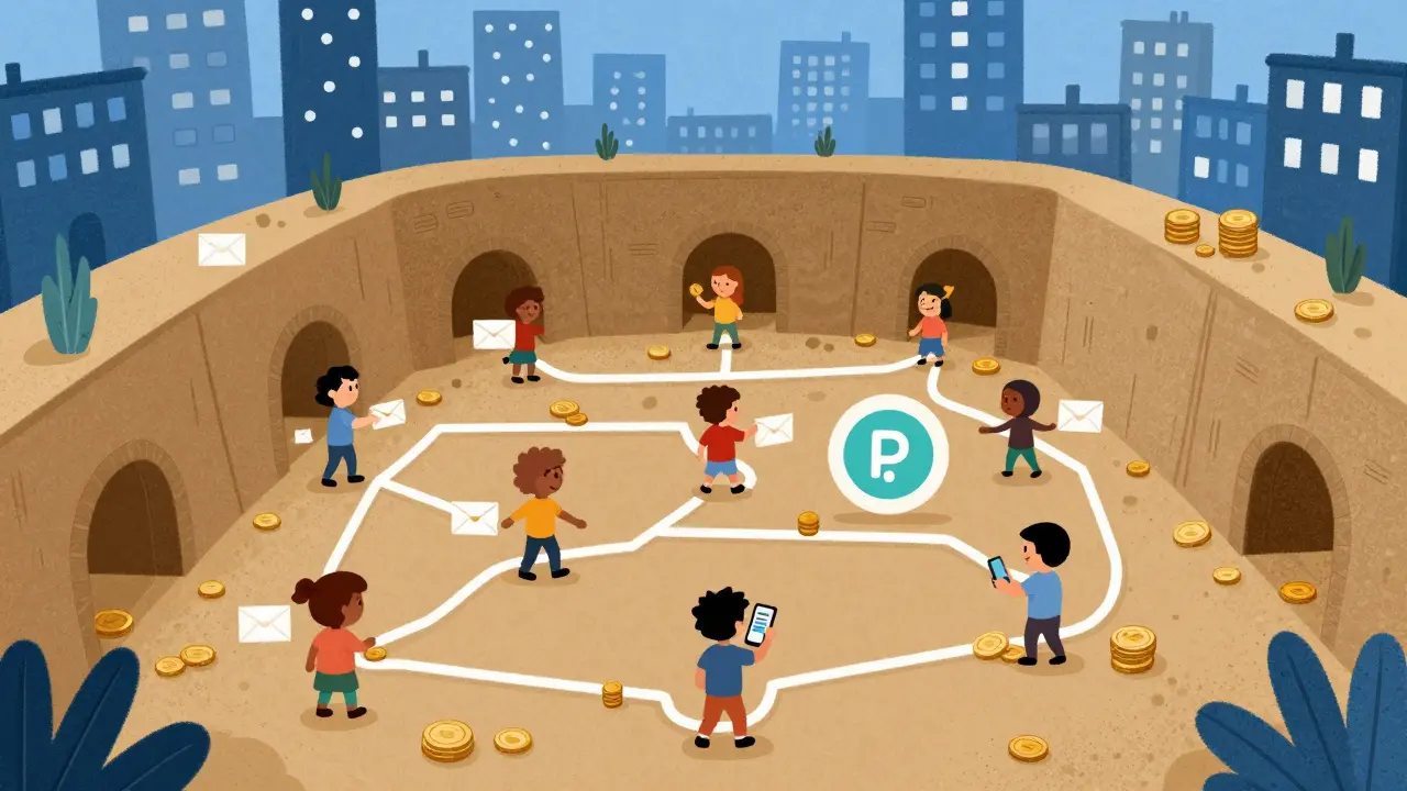 Cartoon showing people using secret peer-to-peer networks for crypto.