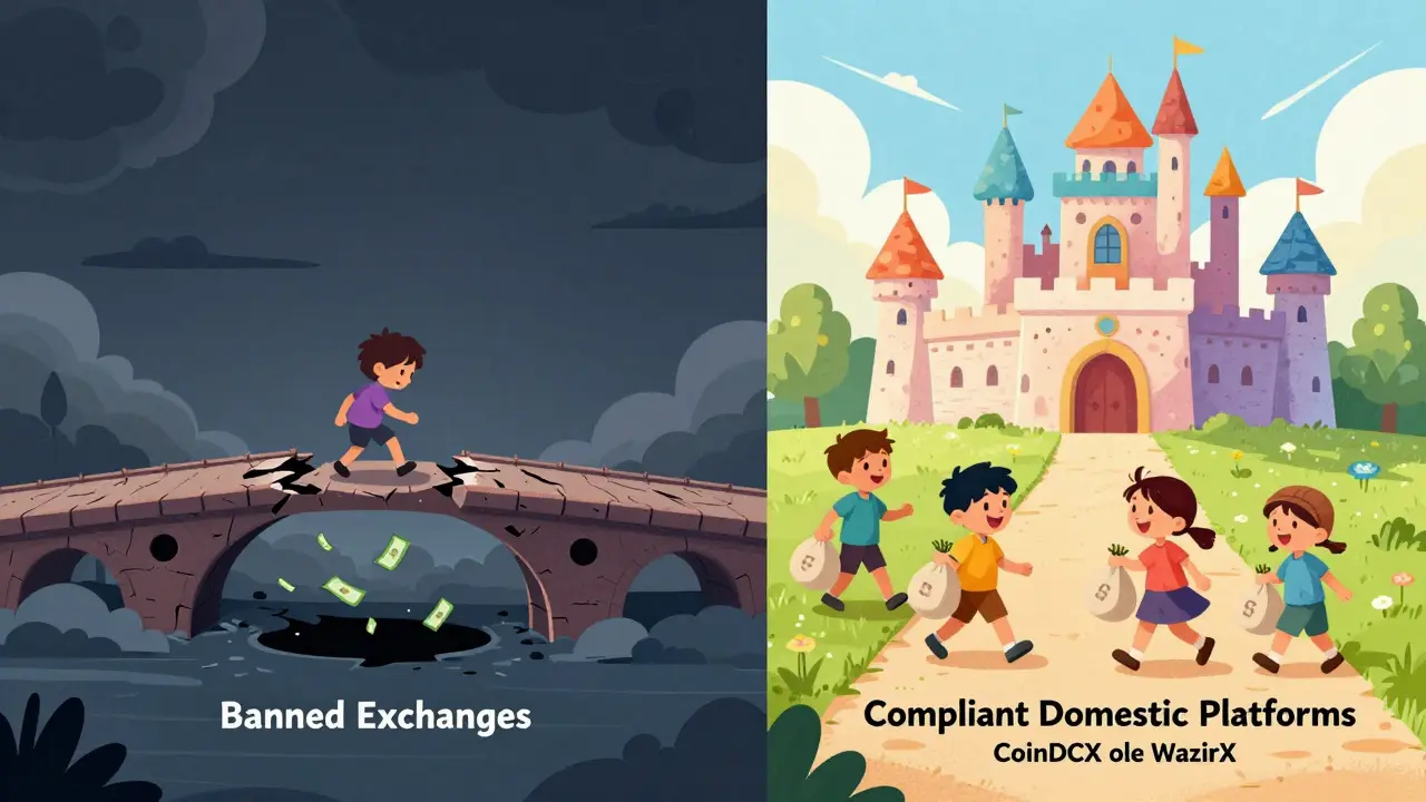 Cartoon showing safe domestic exchanges versus risky banned platforms.