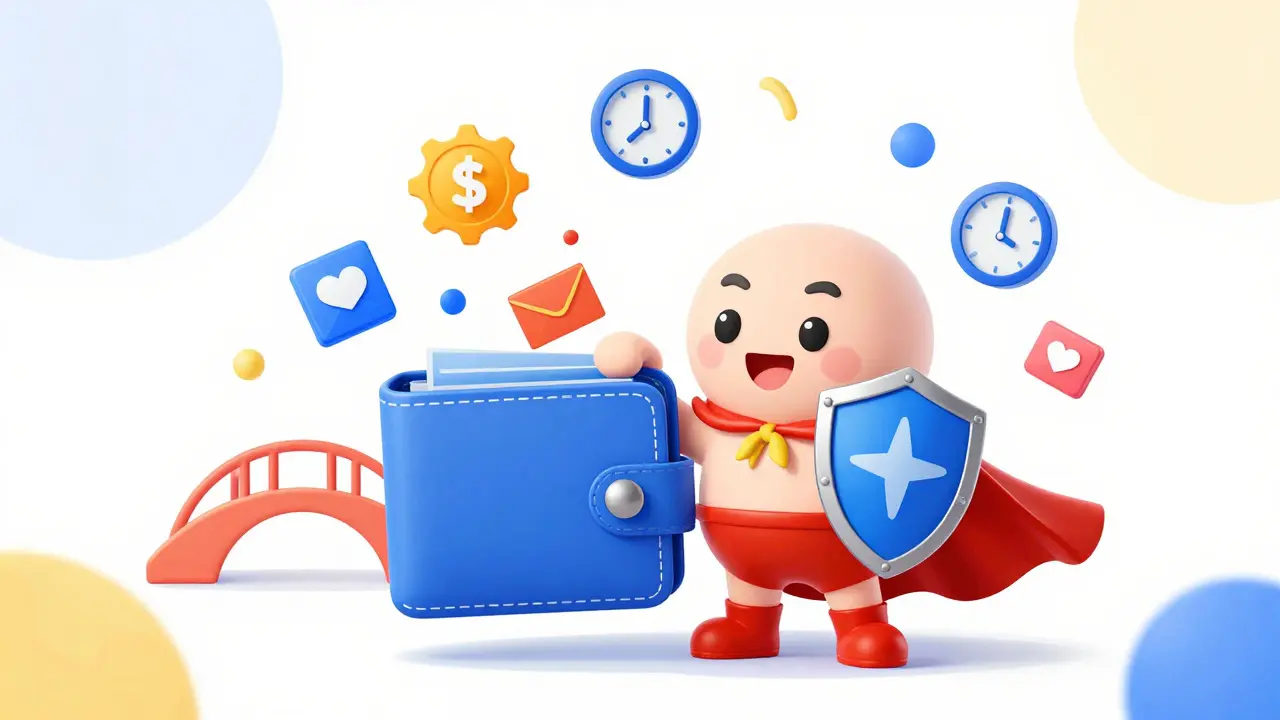 Cartoon wallet hero interacting with game-like icons