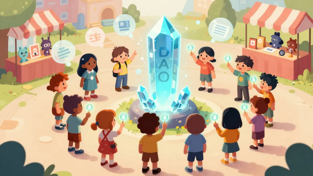 Diverse cartoon characters gathering around a glowing crystal pillar for community voting.