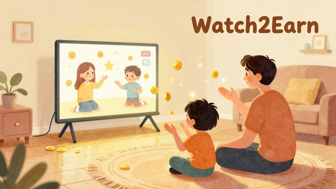 Family watching a magical screen as gold coins float out, illustrating Watch2Earn rewards.