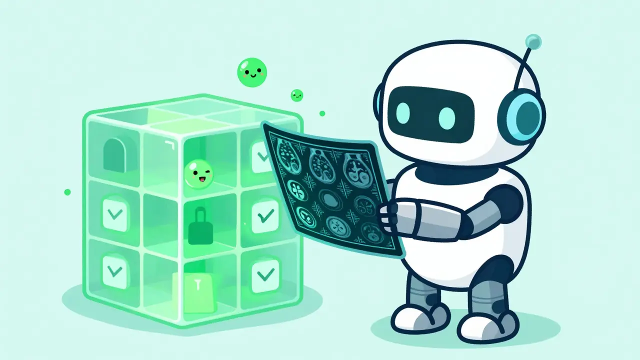 Friendly AI robot verifying medical data with blockchain blocks