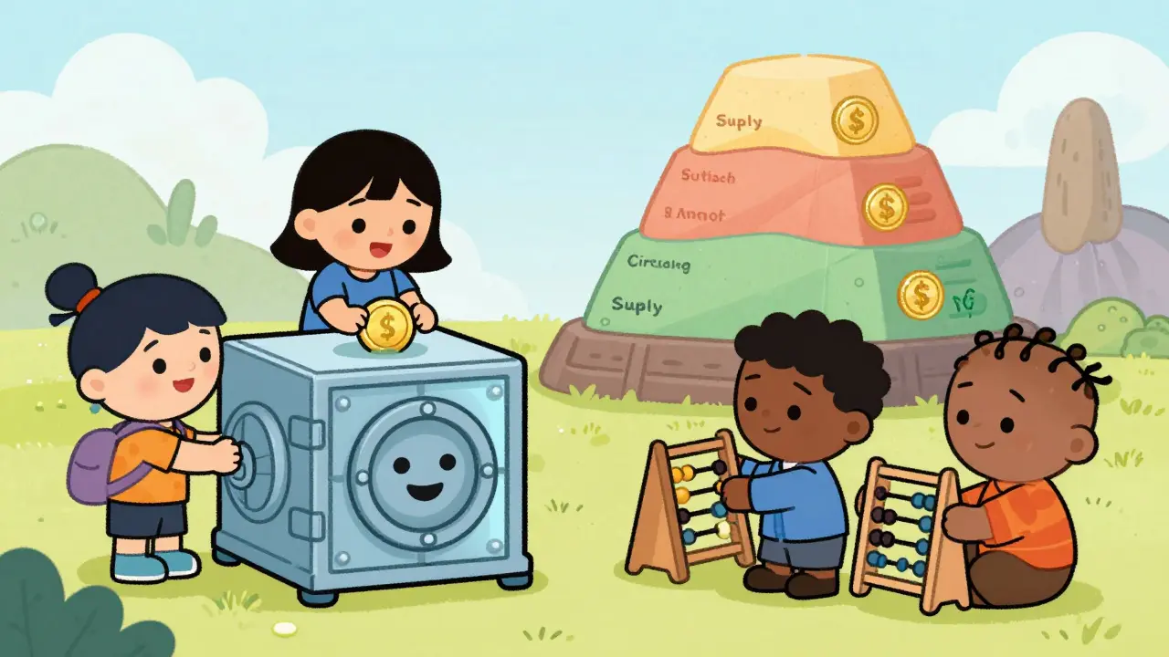 Friendly characters using a secure wallet and calculating crypto investments.