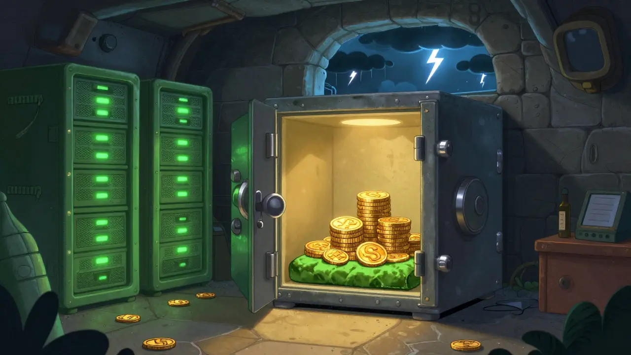Gold coins stored safely in a bunker, protected from external storms, illustrated in a cartoon style.