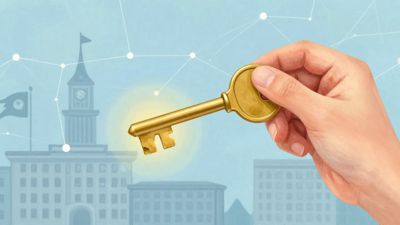 Hand holding a golden key symbolizing self-custody and decentralized security away from central control.