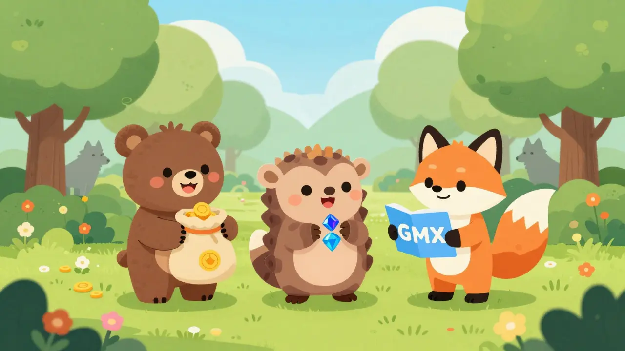 Happy animal mascots represent safe exchanges on a sunny market.