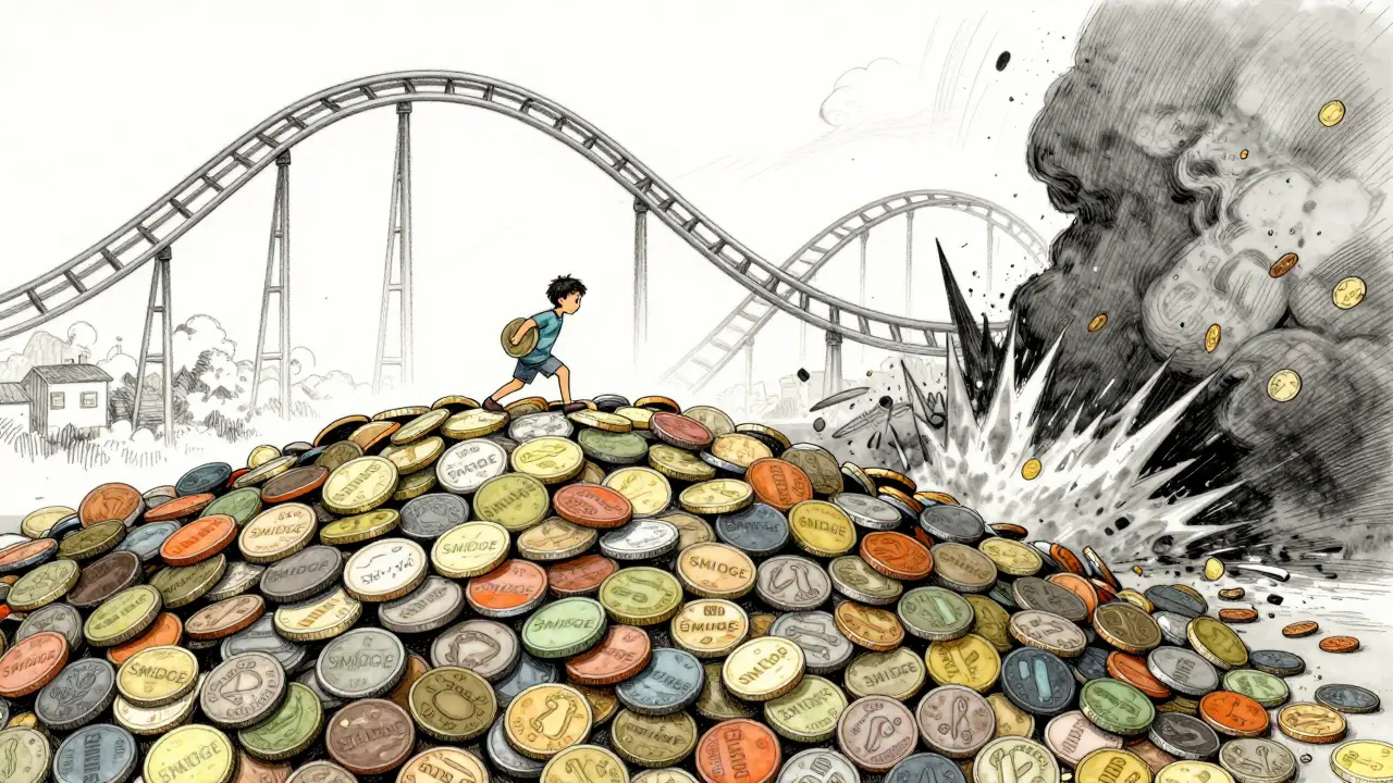 Huge pile of tiny coins with a rollercoaster crashing in the background.