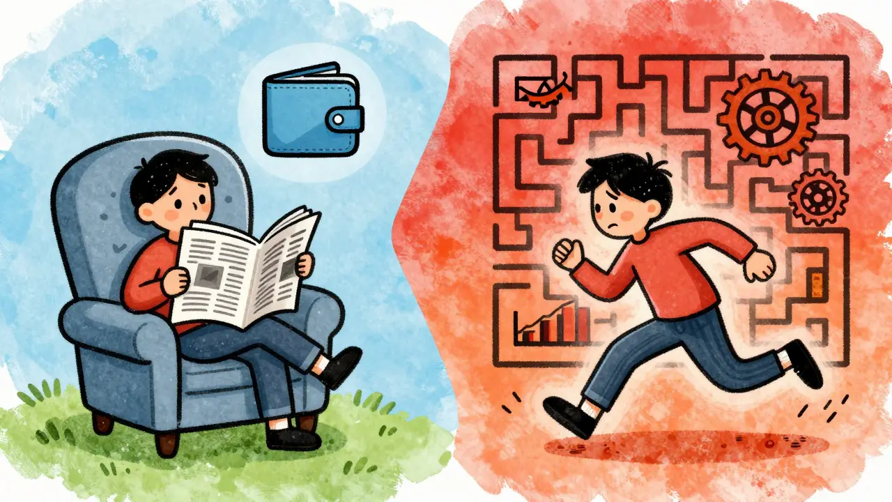 Illustration comparing relaxed long-term holding versus stressful active trading for crypto users.