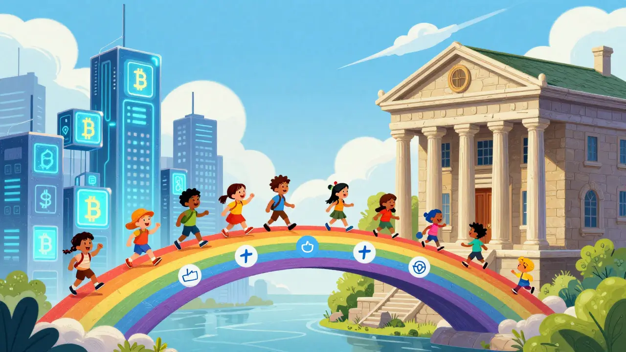 Illustration of a bridge connecting crypto and traditional banking