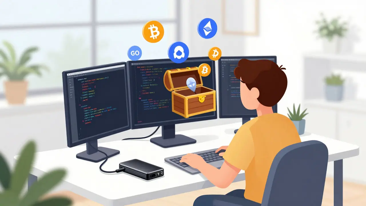 Illustration of a developer using a hardware wallet to securely store crypto assets.