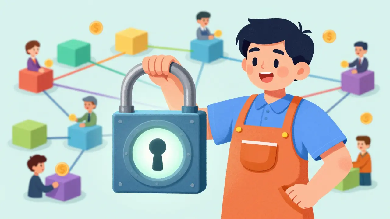 Illustration of a merchant holding an open digital lock with direct blockchain connections.