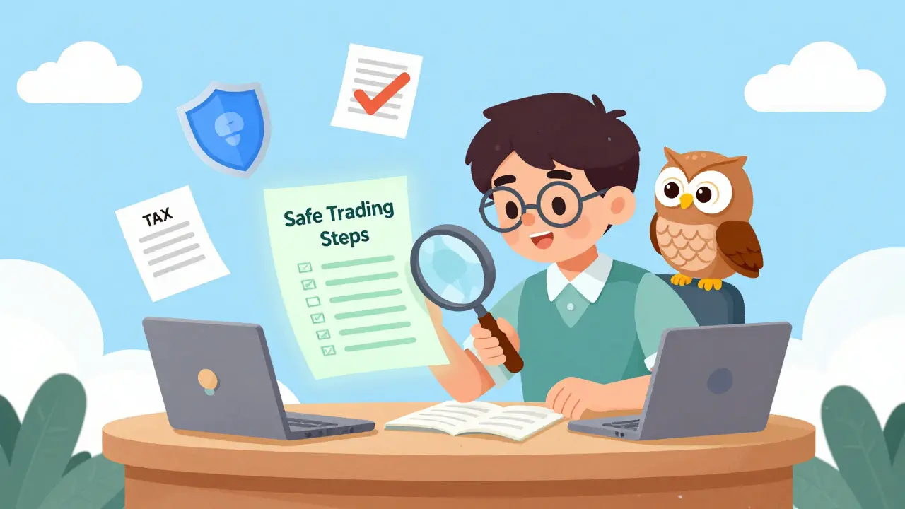 Illustration of a trader checking compliance steps for safe crypto trading.