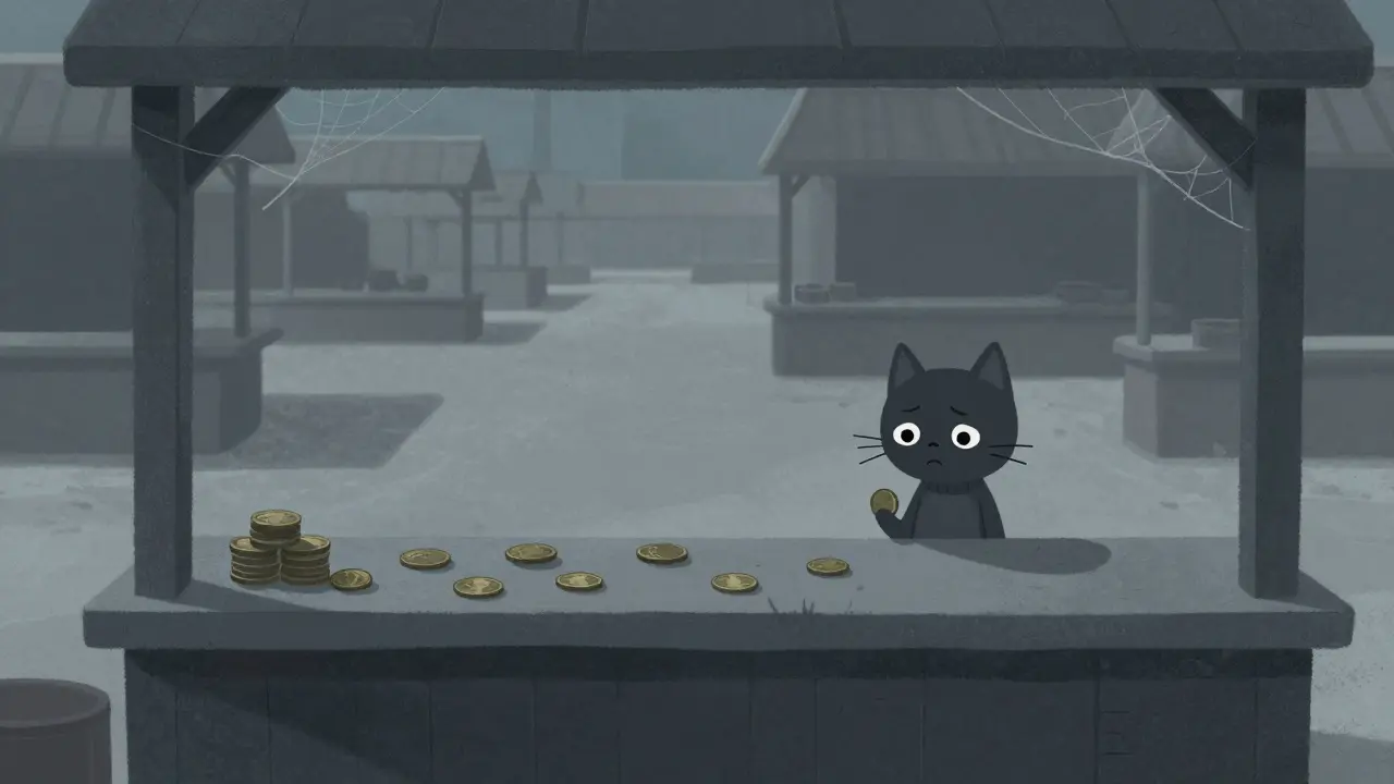 Illustration of an empty, dusty exchange with a sad cat and few coins left.