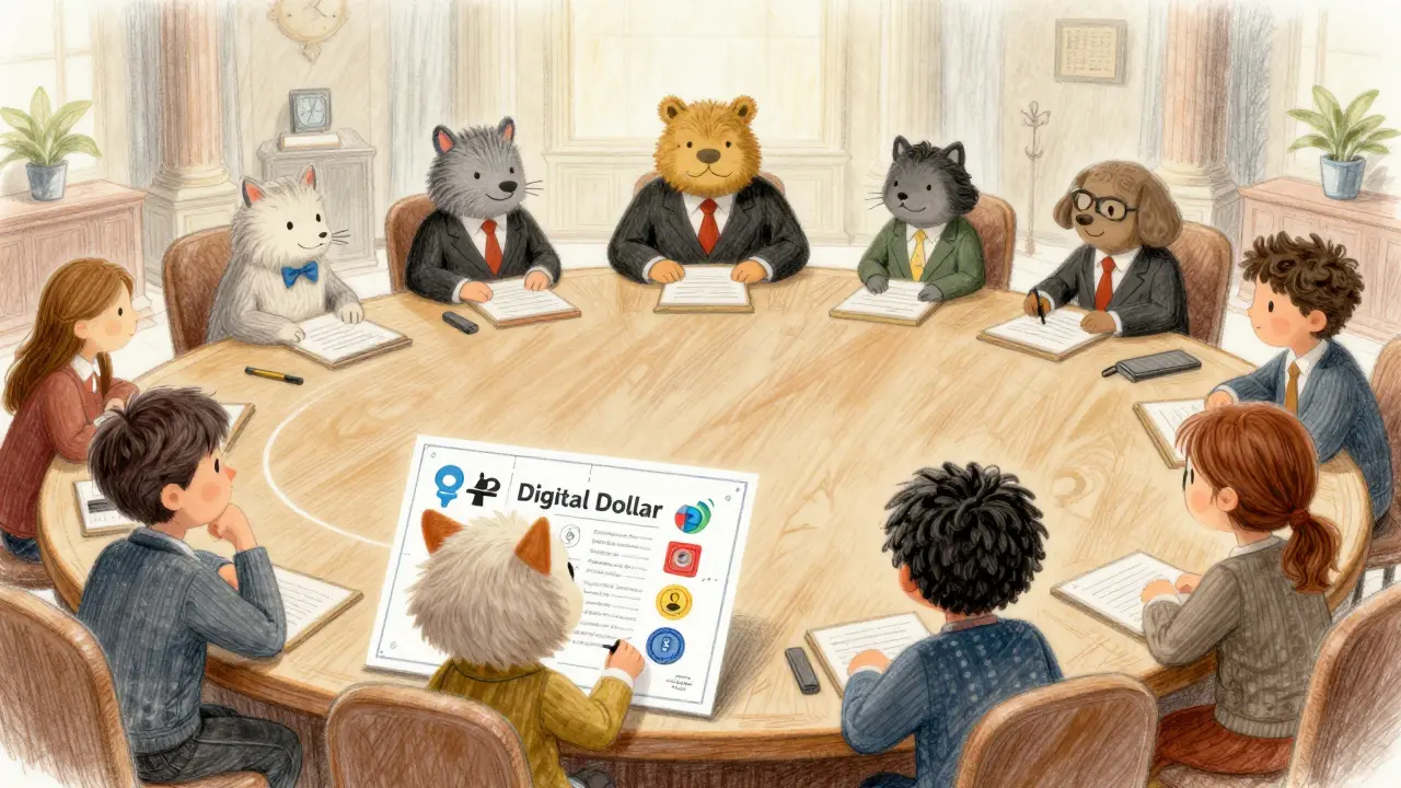 Illustration of lawmakers discussing future crypto regulations and CBDCs.