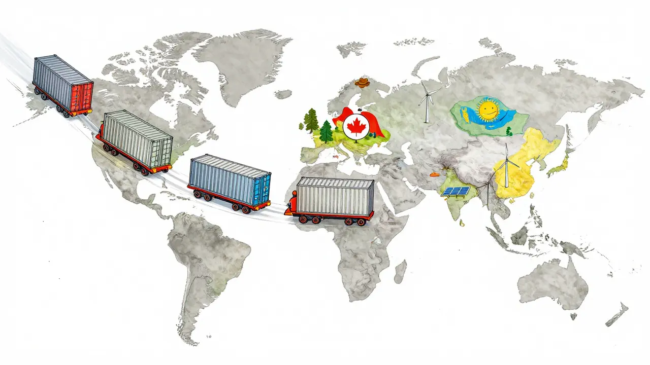 Illustration of mining equipment relocating globally from China to other countries.