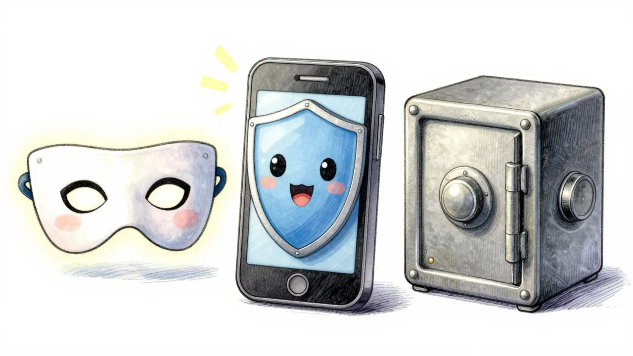 Illustration of three crypto wallet types: browser extension, mobile app, and hardware device.
