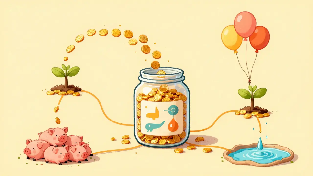 Illustration of token distribution streams flowing from a central jar