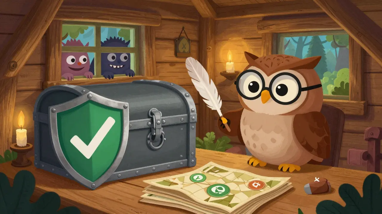 Owl pointing at locked chest and shield protecting treasure