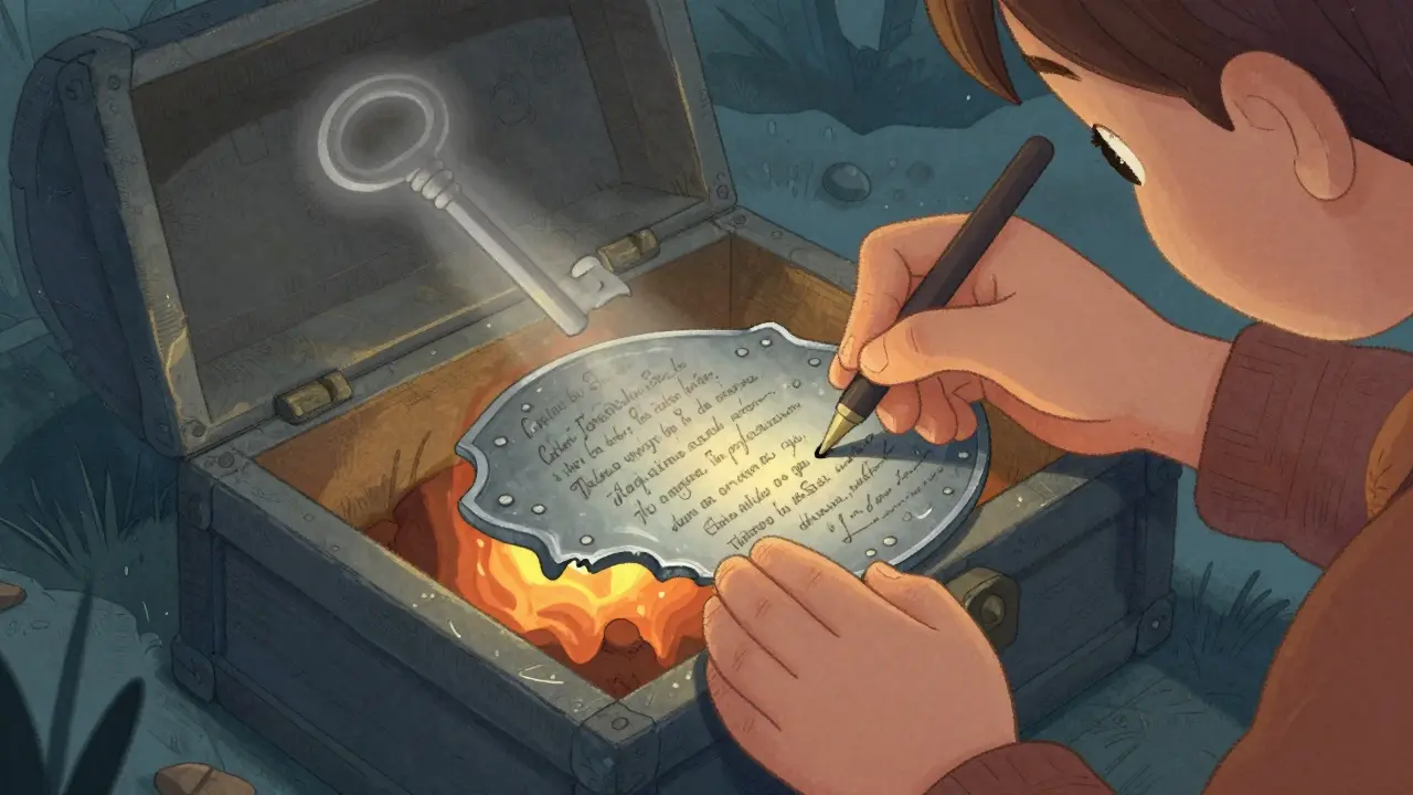 Person securely storing a seed phrase on a metal plate inside a fireproof chest.