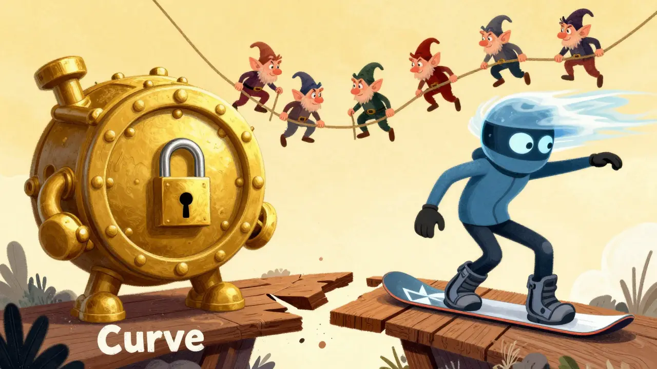 Two blockchain characters separated by a broken bridge with goblins.
