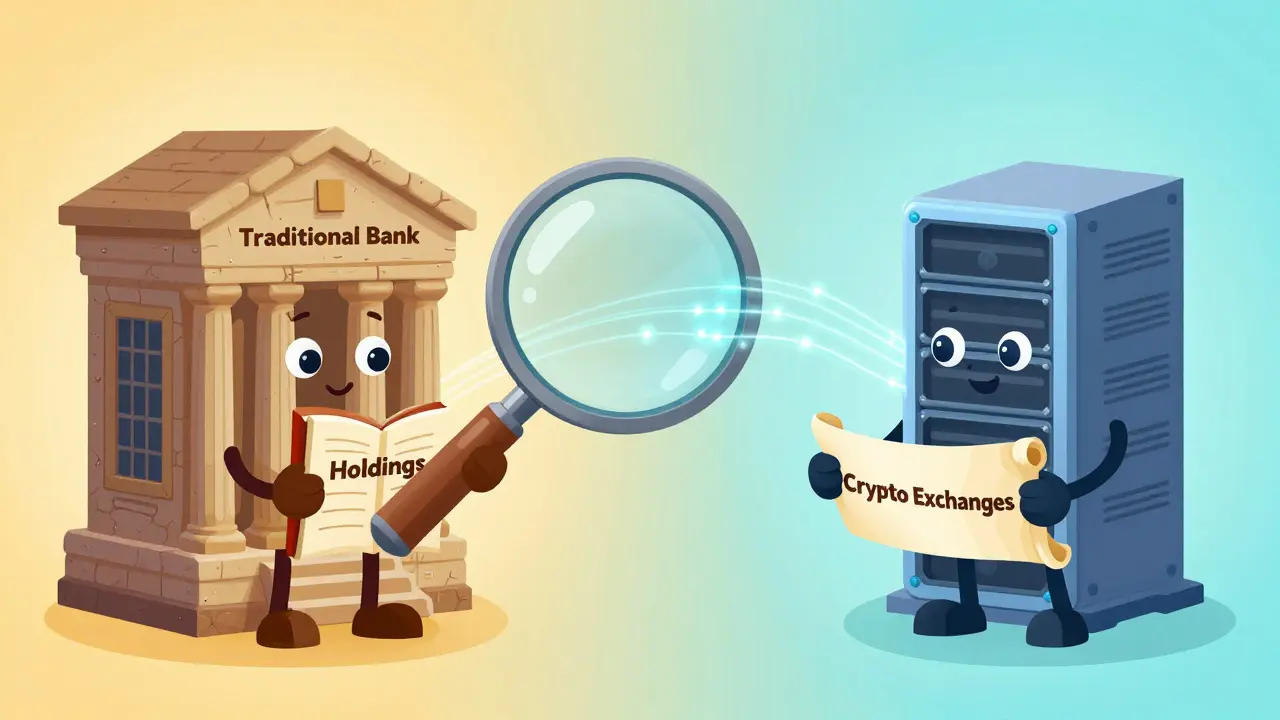 Two characters sharing financial data between traditional banks and crypto exchanges.