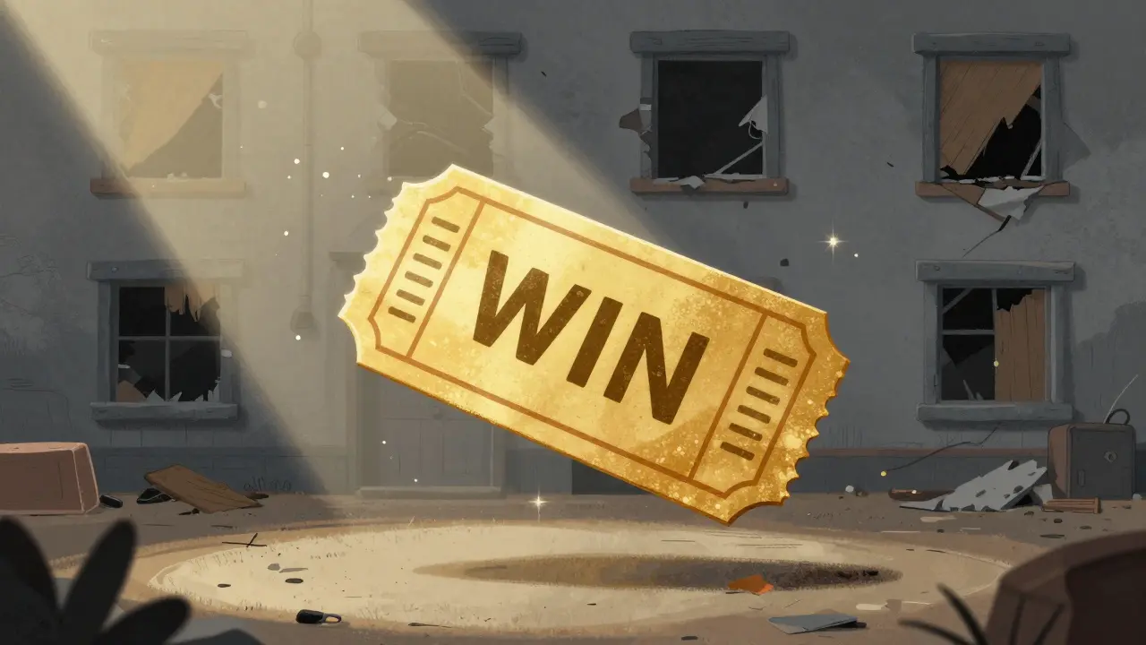 Useless golden ticket floating near an abandoned theater building
