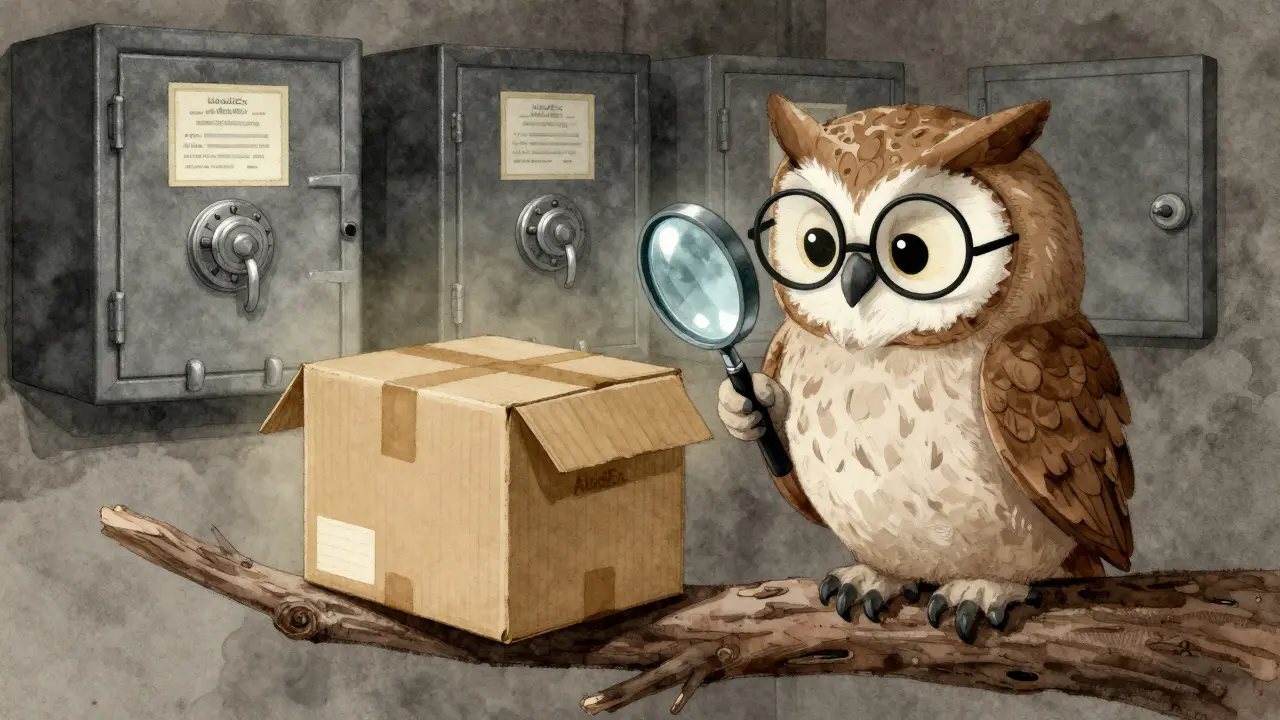 Wise owl inspecting a risky unsecured box while safe vaults stand nearby