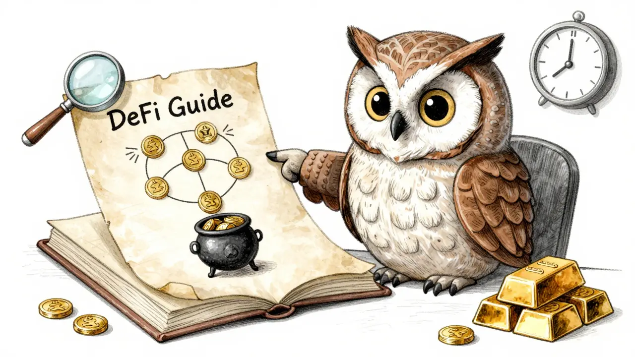 Wise owl librarian explaining DeFi tokenomics with a diagram on parchment paper.