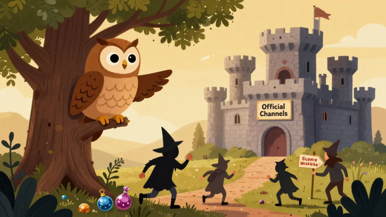 Wise owl warning against scammer tricks near a castle