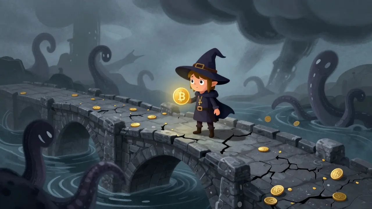 Witcher standing on cracked bridge over dark abyss with coins