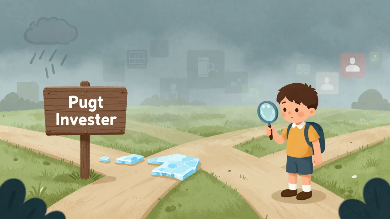 A cautious cartoon character examining a risky path through a foggy landscape