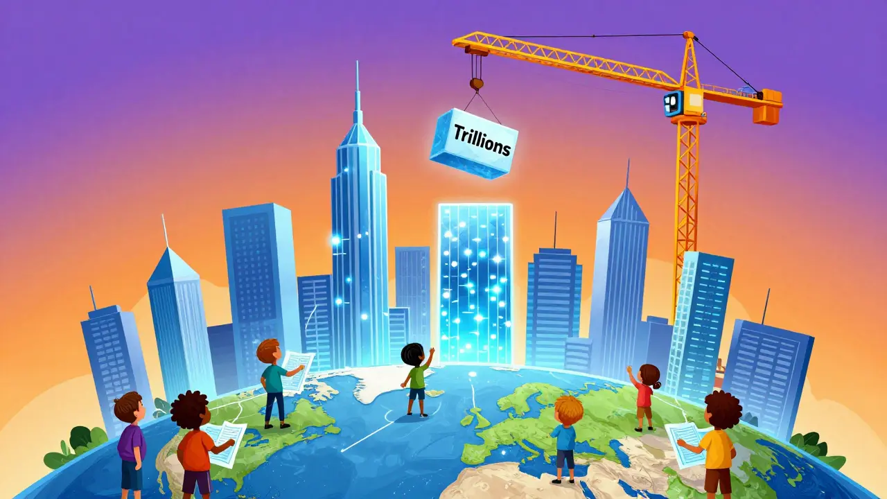 A futuristic city skyline symbolizing the trillion-dollar growth of RWAs.