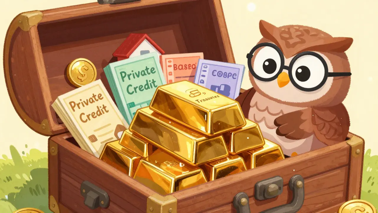 A treasure chest filled with tokenized treasuries and private credit assets.