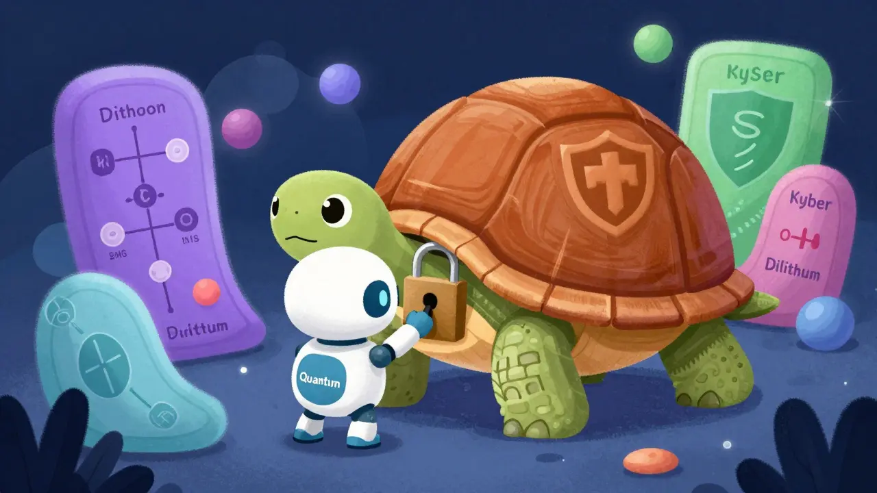 A turtle-shell HSM blocking a small quantum robot with math shields.