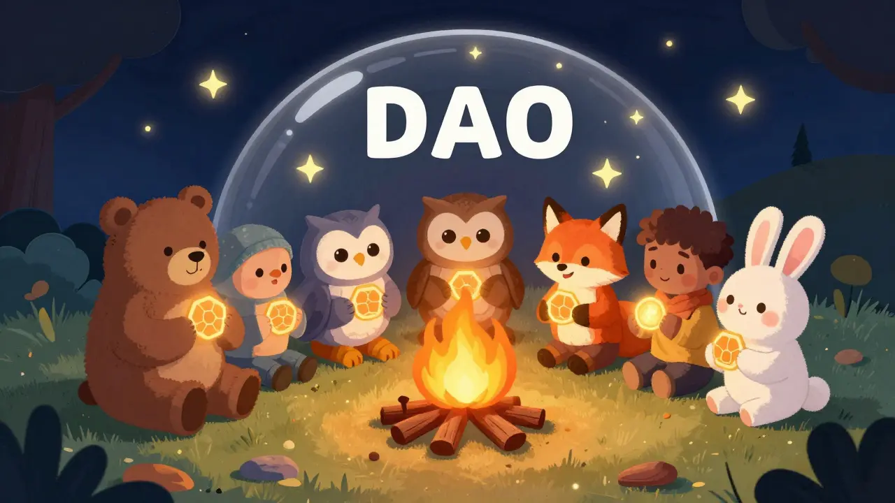 Animals gathering around a campfire under a DAO governance dome