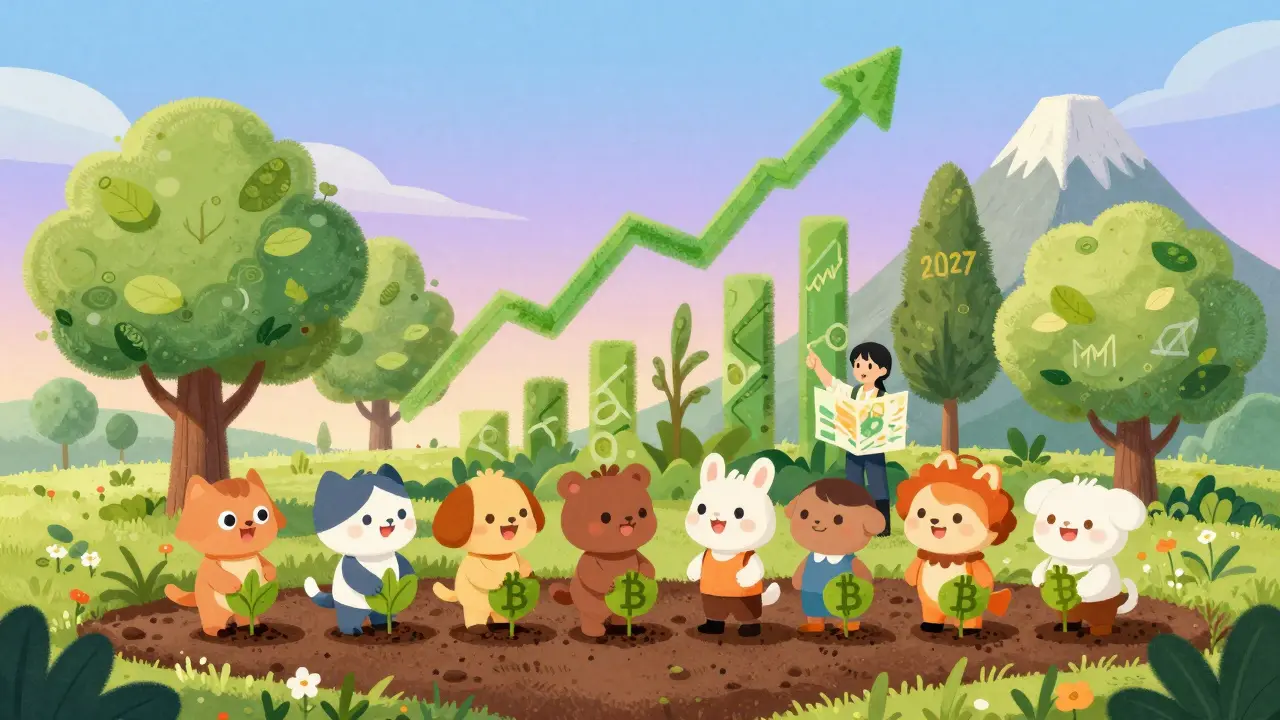 Animals planting Bitcoin seeds in a garden with growing financial trees.