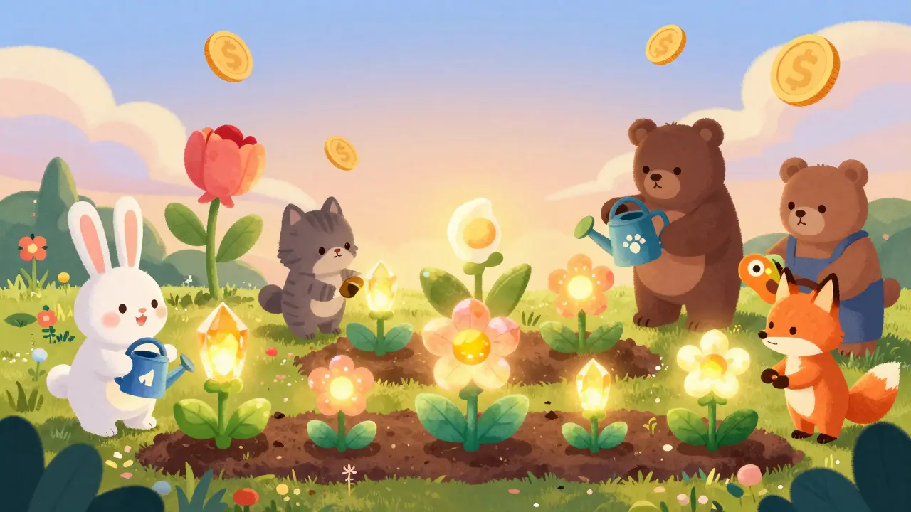 Animals tending to glowing crystal plants representing crypto staking
